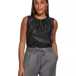 Clavin Klein Women's Faux
Leather Pleat Neck Sleeveless top | Black |size: M